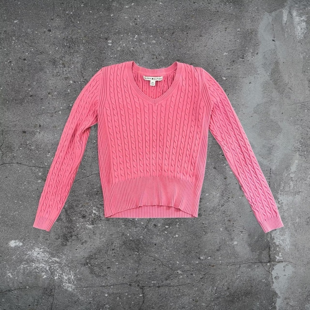 Pink cable knit sweater preppy barbiecore coquette tommy hilfiger fitted